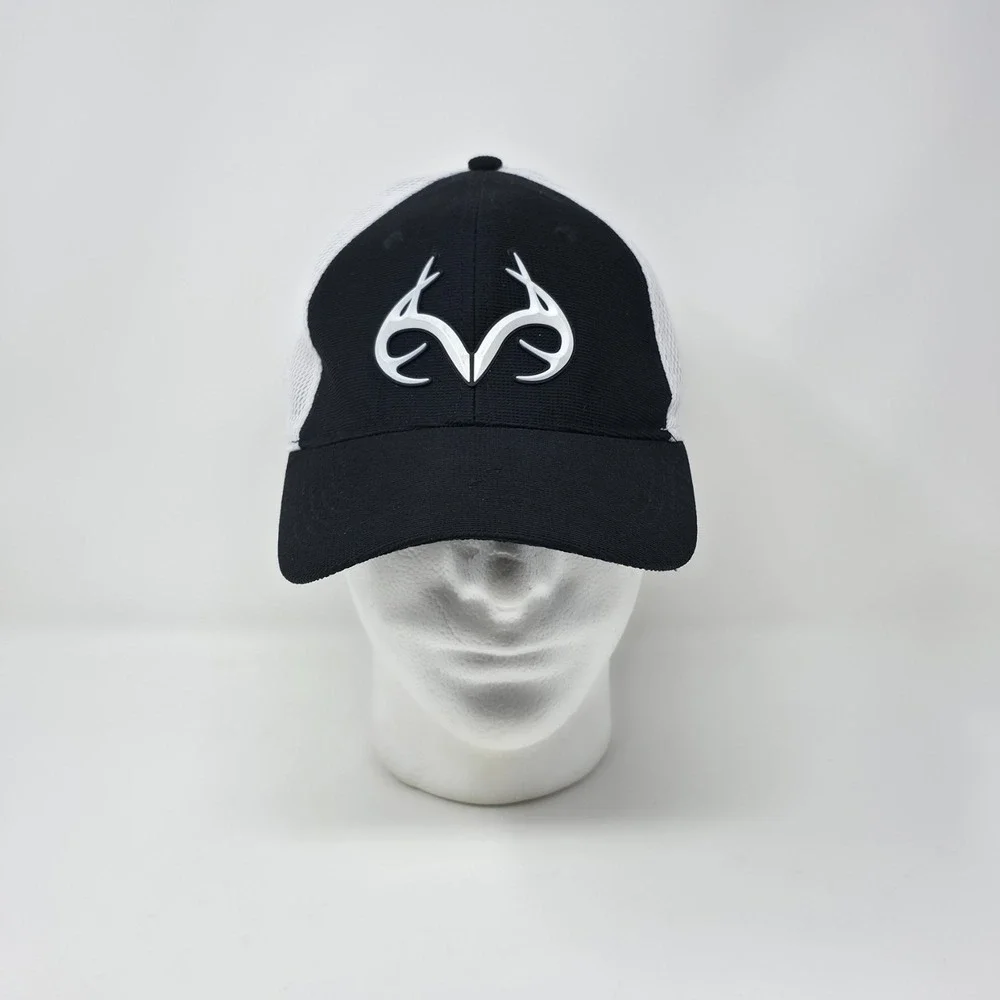 Realtree Outdoor Cap Hat Stretch Fit Size S/M Black White Mesh Mens Rubber Patch